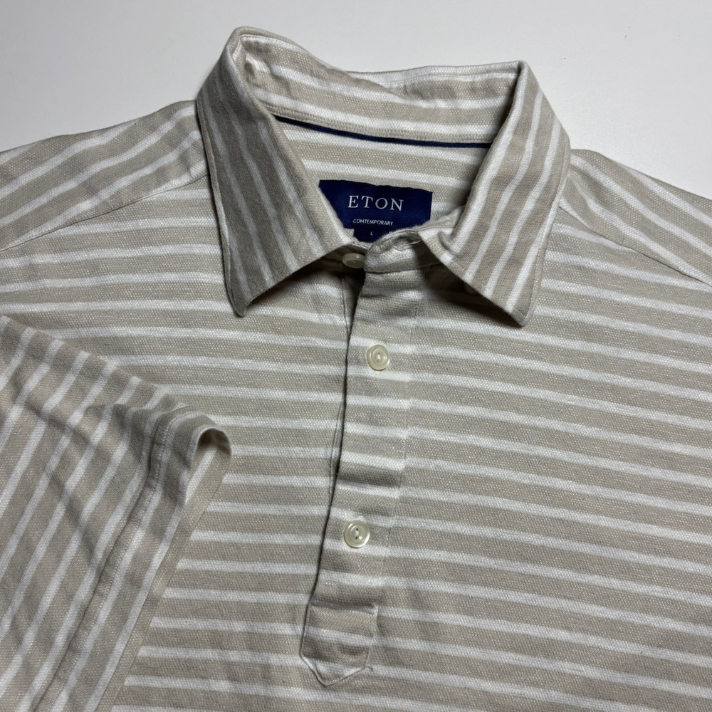 Eton Contemporary Linen Blend Pique Polo Shirt Mens L Tan White Striped - Picture 1 of 7